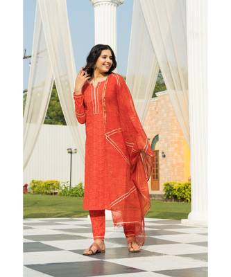 Tangerine Bagru Block Print Kurta set Doria Dupatta 3