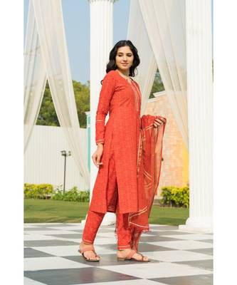 Tangerine Bagru Block Print Kurta set Doria Dupatta 4