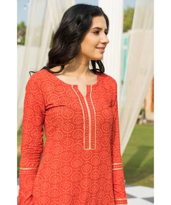 Tangerine Bagru Block Print Kurta set Doria Dupatta 6