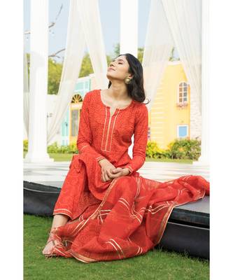 Tangerine Bagru Block Print Kurta set Doria Dupatta 7