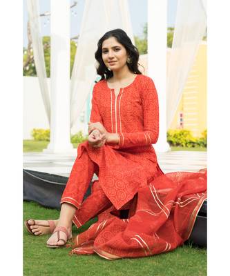 Tangerine Bagru Block Print Kurta set Doria Dupatta 8
