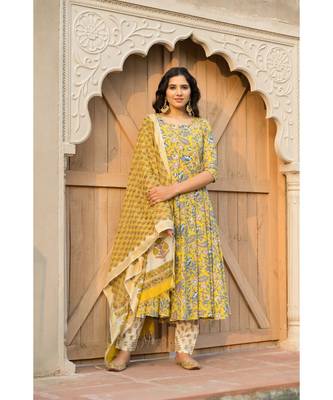 Canary Yellow Kurta With Hand block Print Dupatta Set 1