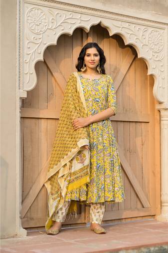 Canary Yellow Kurta With Hand block Print Dupatta Set