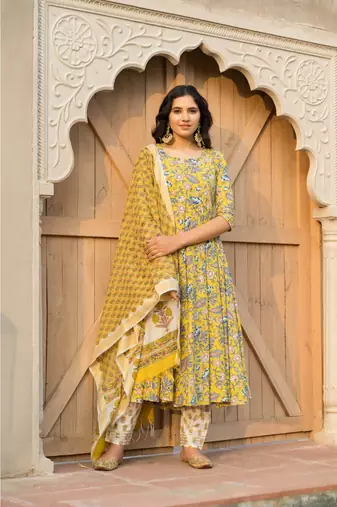 Canary Yellow Kurta With Hand block Print Dupatta Set