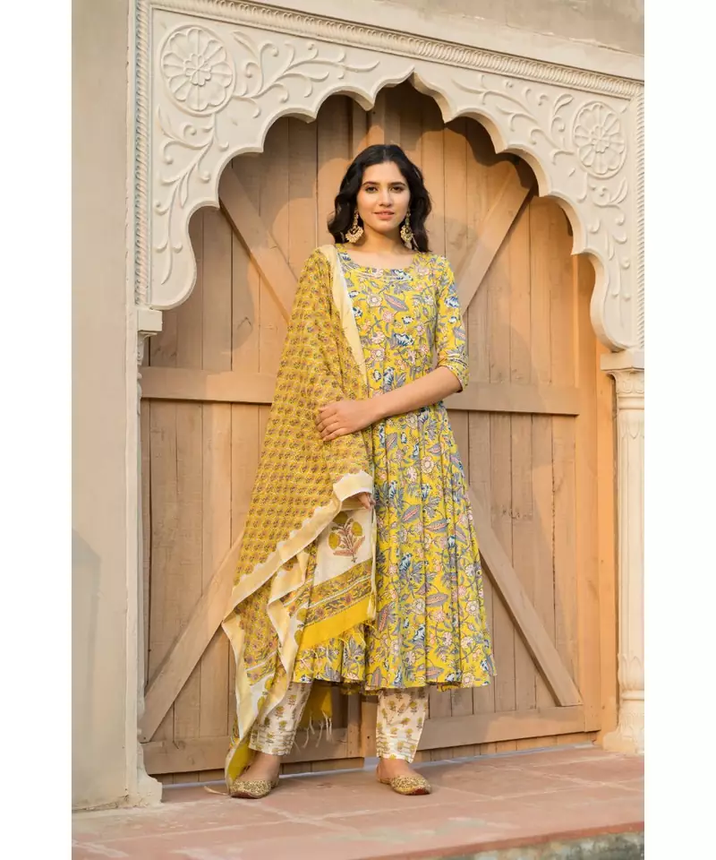 Canary Yellow Kurta With Hand block Print Dupatta Set