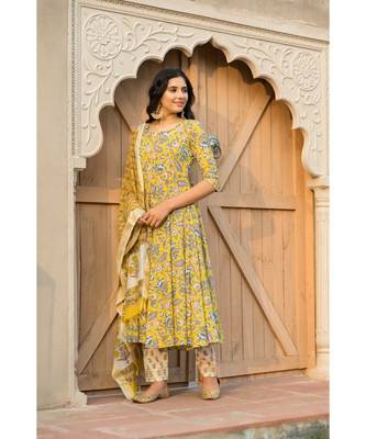 Canary Yellow Kurta With Hand block Print Dupatta Set 2