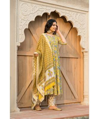 Canary Yellow Kurta With Hand block Print Dupatta Set 3