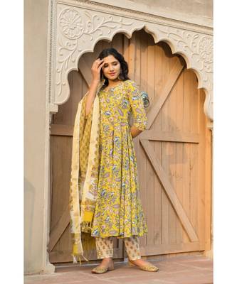 Canary Yellow Kurta With Hand block Print Dupatta Set 4