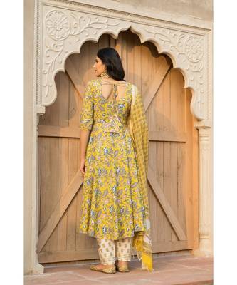 Canary Yellow Kurta With Hand block Print Dupatta Set 5
