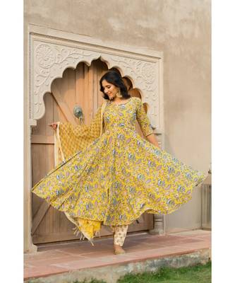 Canary Yellow Kurta With Hand block Print Dupatta Set 7