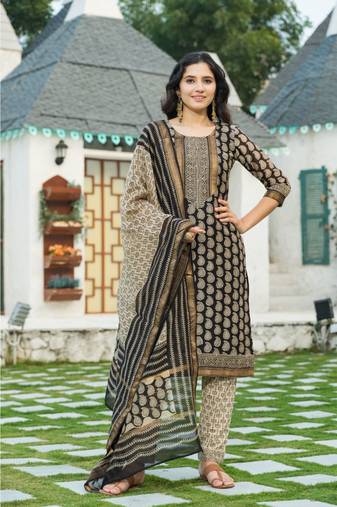 Golden Black Bagru Block Print Chanderi Kurta Dupatta Set