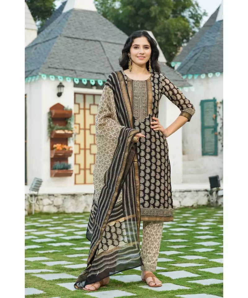 Golden Black Bagru Block Print Chanderi Kurta Dupatta Set