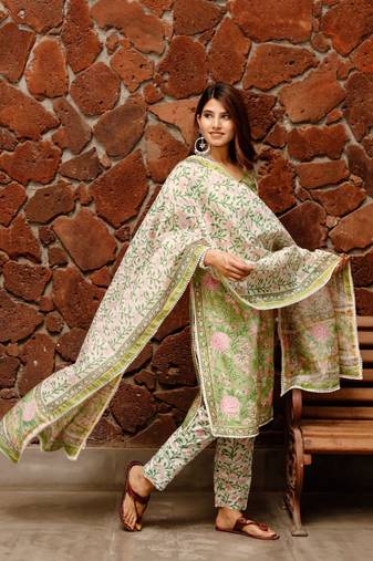 Shiny Green Block Print Chanderi Suit kurta set