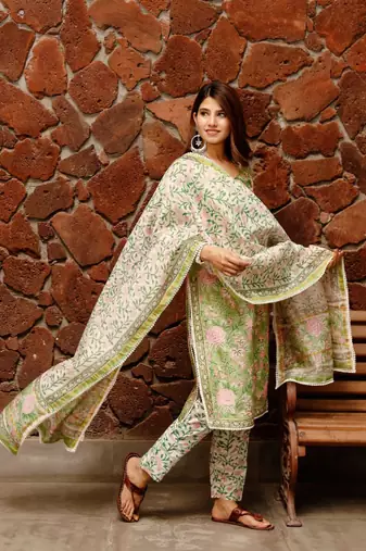 Shiny Green Block Print Chanderi Suit kurta set
