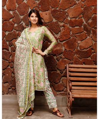 Shiny Green Block Print Chanderi Suit kurta set 2