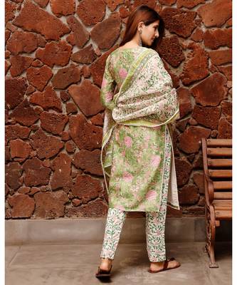 Shiny Green Block Print Chanderi Suit kurta set 3