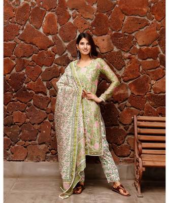 Shiny Green Block Print Chanderi Suit kurta set 4