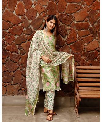 Shiny Green Block Print Chanderi Suit kurta set 5