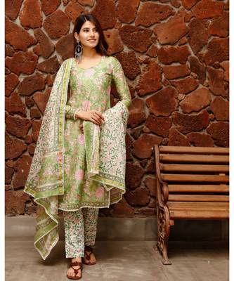 Shiny Green Block Print Chanderi Suit kurta set 6