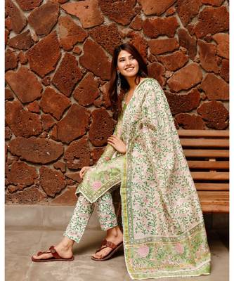 Shiny Green Block Print Chanderi Suit kurta set 8
