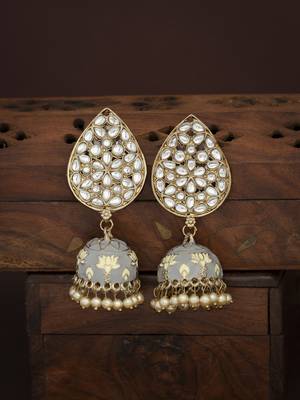 Gleaming Pearl Gold Plated Kundan Lotus Meenakari Jhumki Earring for Women 1