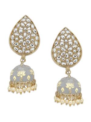 Gleaming Pearl Gold Plated Kundan Lotus Meenakari Jhumki Earring for Women 2