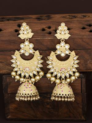 Fabulous Pearl Gold Plated Kundan Lotus Meenakari Jhumki Earring for Women 1