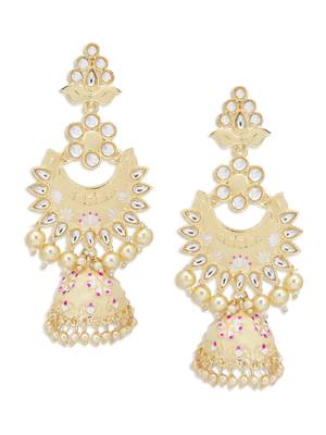 Fabulous Pearl Gold Plated Kundan Lotus Meenakari Jhumki Earring for Women 2