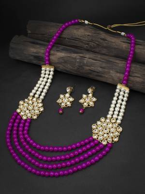 Exclusive Pearl Gold Plated Kundan Long Haram Necklace Set for Women 1