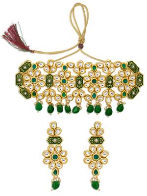 Attractive Gold Plated Kundan Meenakari Choker Necklace Set for Women 2