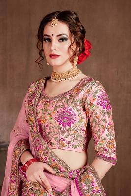 Pink embroidered silk semi stitched lehenga 4