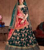 Dark green embroidered silk semi stitched lehenga