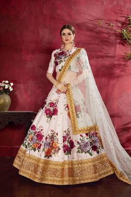 Off-white embroidered silk semi stitched lehenga 1