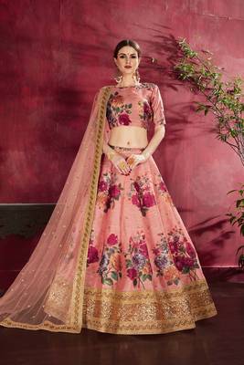 Peach embroidered silk semi stitched lehenga 1