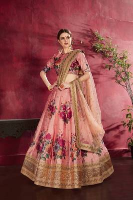 Peach embroidered silk semi stitched lehenga 2