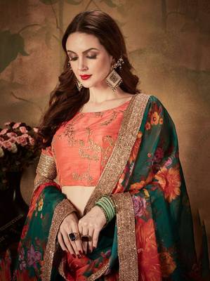 Green embroidered organza semi stitched lehenga 4