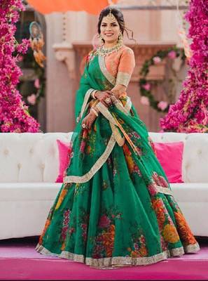 Green embroidered organza semi stitched lehenga 1