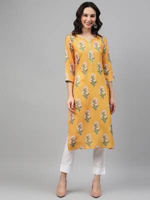 Yellow printed rayon kurtas-and-kurtis 1