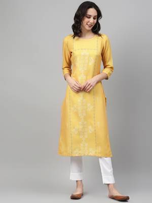 Yellow printed rayon kurtas-and-kurtis 1