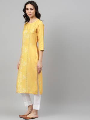Yellow printed rayon kurtas-and-kurtis 2