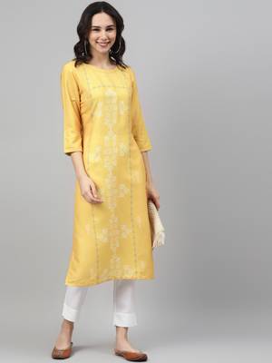 Yellow printed rayon kurtas-and-kurtis 5