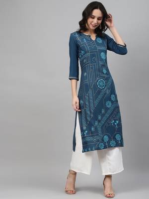Teal printed rayon kurtas-and-kurtis 1