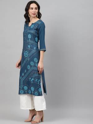 Teal printed rayon kurtas-and-kurtis 2