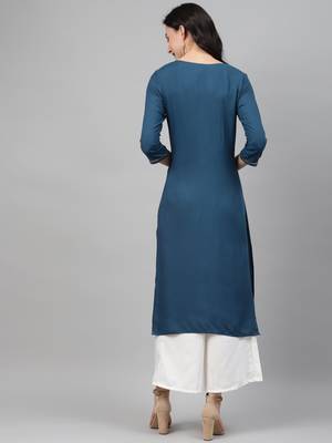 Teal printed rayon kurtas-and-kurtis 3