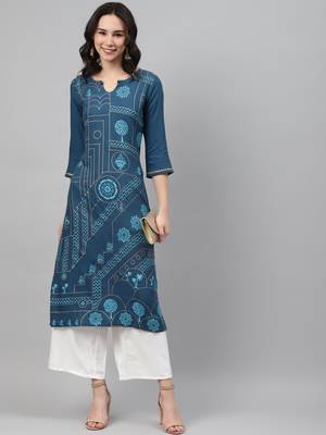 Teal printed rayon kurtas-and-kurtis 5