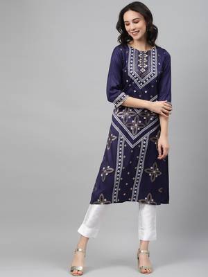 Blue printed art silk kurtas-and-kurtis 1