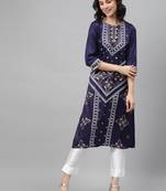 Blue printed art silk kurtas-and-kurtis