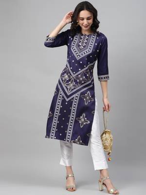 Blue printed art silk kurtas-and-kurtis 5