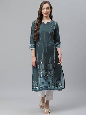Teal printed rayon kurtas-and-kurtis 1