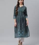 Teal printed rayon kurtas-and-kurtis